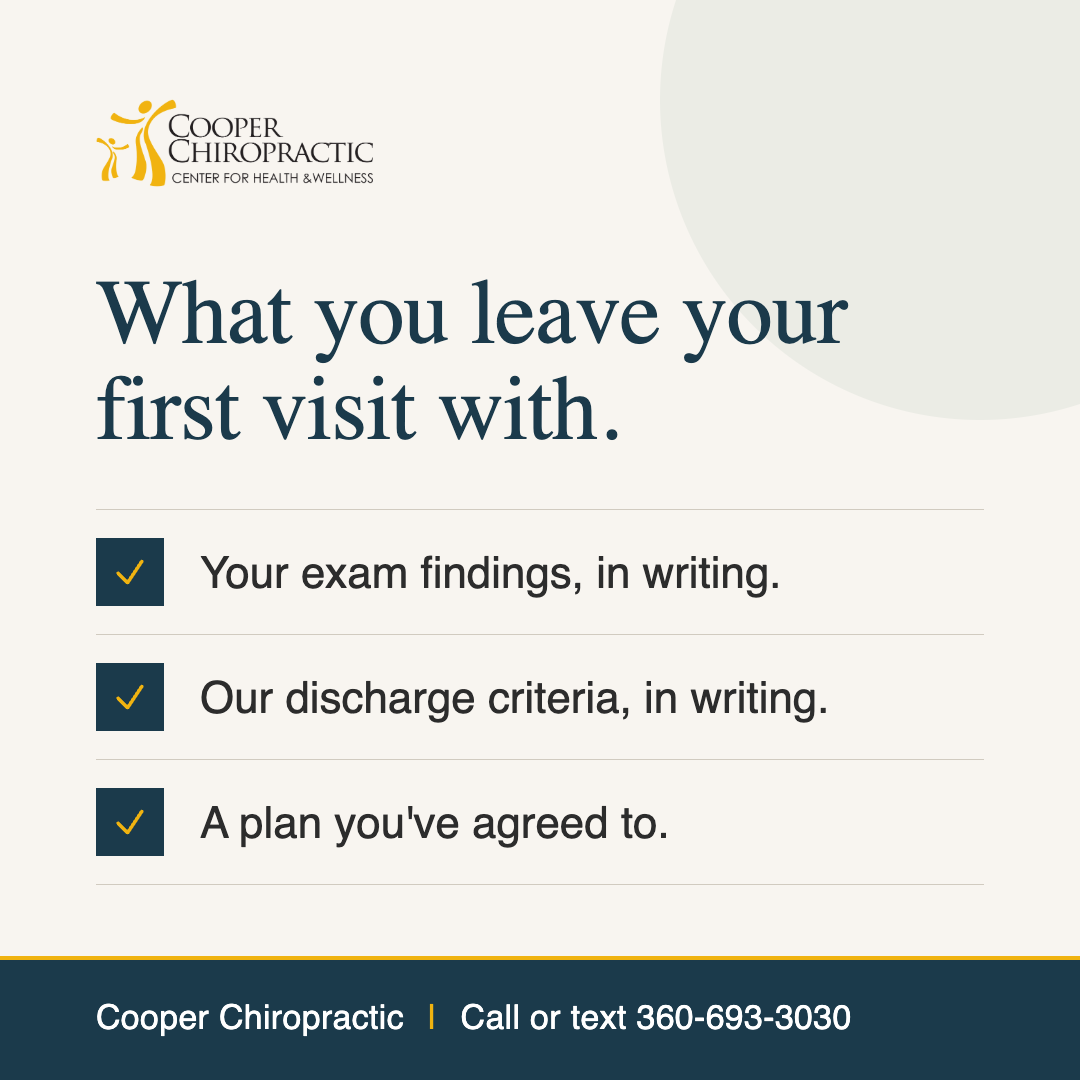 Checklist: after your first visit you leave with written exam findings, written discharge criteria, and a plan you agreed to.