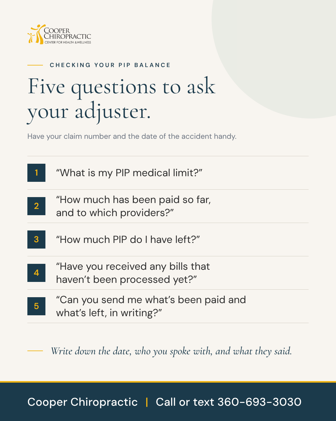 Five questions to ask your insurance adjuster about your PIP balance, including how much has been paid and how much is left.