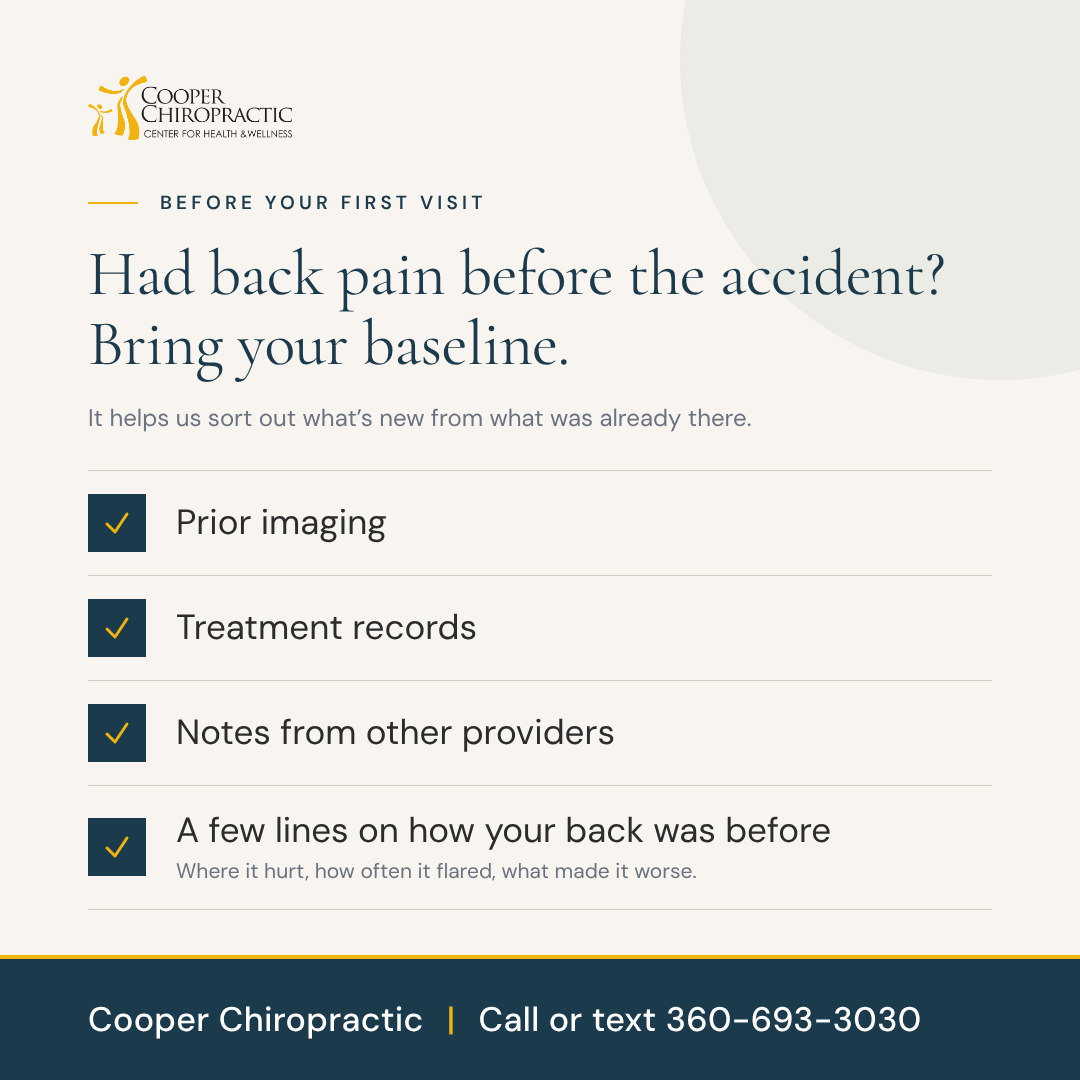Checklist of what to bring to a first visit after a car accident if you had back pain before.
